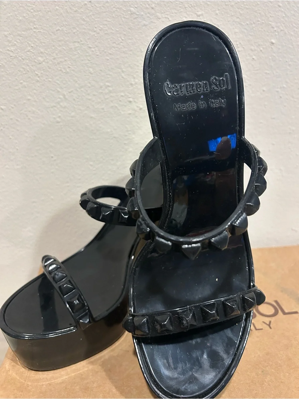 Black Platform Wedge Sandals with Studded Straps Carmen Sol